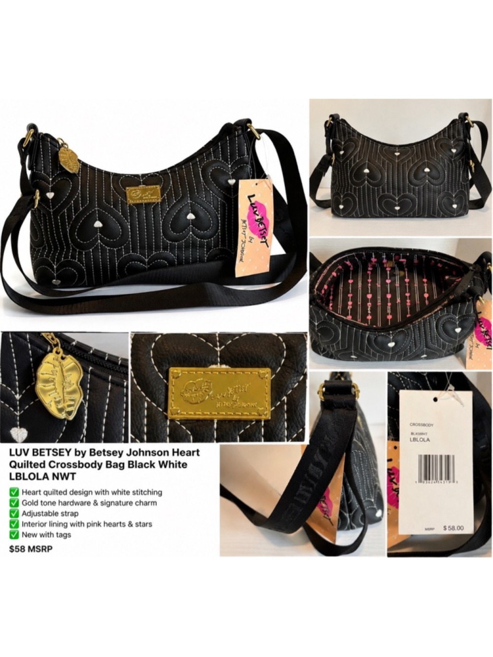Luv Betsey by Betsey Johnson Heart Quilted Crossbody Bag NWT Black White